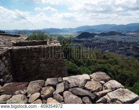 Gimhae, South Korea, September 3, 2017: The City Of Gimhae. South Korea Seen From Bunsanseong Fortre