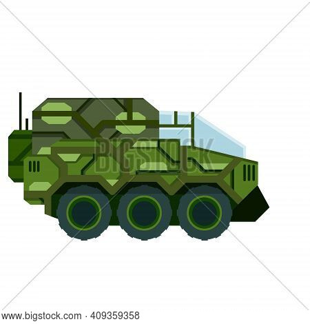 Military Truck Of Future. Fantastic Car For Colonization. Armored Protected Transport. Flat Cartoon 