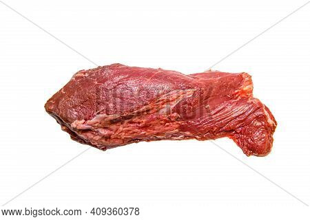 Steak Flanchet (flan Steak) Of Raw Marbled Beef Lies On A White Background. Isolated