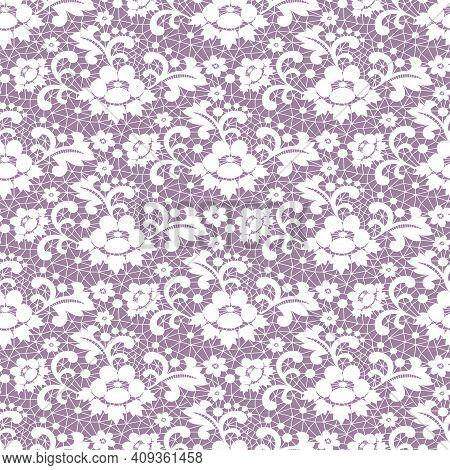 Seamless White Guipure With Floral Pattern On Purple Background