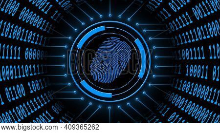 Fingerprint Logo Centered Into Hud Elements With Information Connecting Lines - Binary Code Arranged