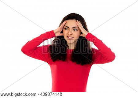 Adorable teenage girl with red sweater isolated on a white background