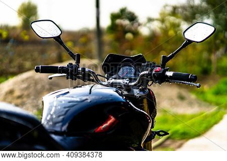 Detail Of Black Motorcycle. Honda Hornet Motorcycle Detail Photo In Bucharest, Romania, 2021