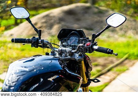 Detail Of Black Motorcycle. Honda Hornet Motorcycle Detail Photo In Bucharest, Romania, 2021