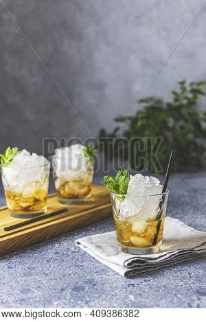 Classic Kentucky Derby Cocktail The Mint Julep Isolated On Light Gray Table Surface. Close Up, Shall