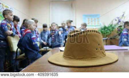 Maikop, Republic Of Adygea, Russia - January 16, 2021: Leather Light Hat In Focus Of The Frame On A 