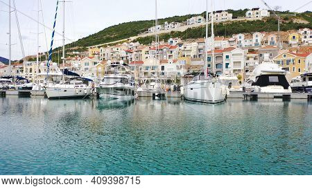 Lustica, Montenegro - 15.10.2020: Aerial View Of Lustica Bay Marina With Its Luxury Boats And Yachts