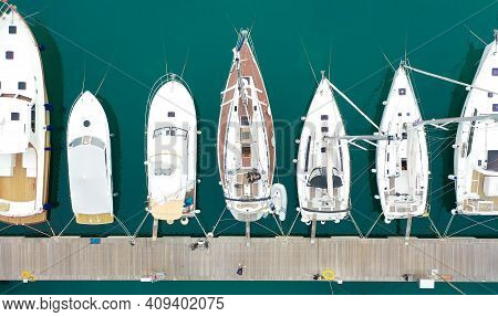 Lustica, Montenegro - 15.10.2020: Top View Of Luxury Yachts In Lustica Bay Marina In Montenegro