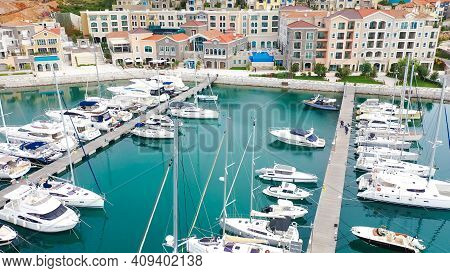 Lustica, Montenegro - 15.10.2020: Aerial View Of Lustica Bay Marina With Its Luxury Boats And Yachts