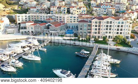 Lustica, Montenegro - 15.10.2020: Aerial View Of Lustica Bay Marina With Its Luxury Boats And Yachts