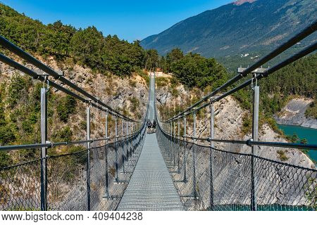 Ebron, France - Sep 19, 2020: La Passerelle De L Ebron On The Lac De Monteynard-avignonet. France In