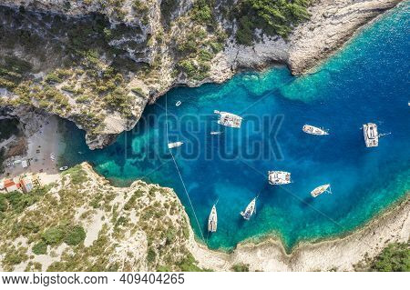 Aerial Overhead Drone Shot Of Stiniva Covert Cove Beach In Adriatic Sea On Vis Island In Croatia In 