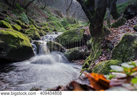 Forest River With Waterfall In Wicklow Moutains, Ireand.