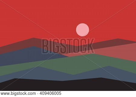 Red Sun Set Sky. Brown, Gray, Blue, Green And Black Mountains Silhouette. Sandy Dunes. Graphic Desig