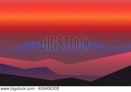 Red, Orange And Yellow Sun Set Sky. Violet, Blue And Black Mountains Silhouette. Sandy Dunes. Graphi