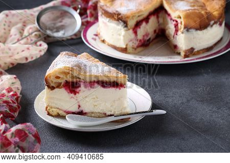 Karpatka With Cherries, Traditional Polish Cream Pie On Dark Gray Background.