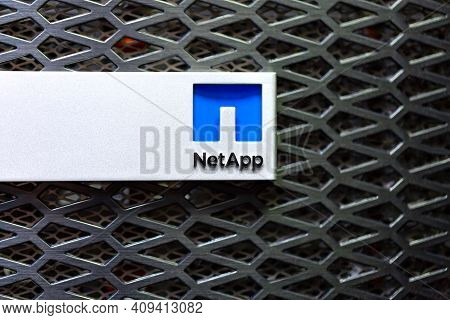 Moscow, Russia - February, 2021: Netapp Logo On A Storage Rack In Datacenter. Netapp, Inc. Is An Ame