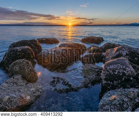 Sunset Seascape Landscape Ocean And Rocks From West Seattle