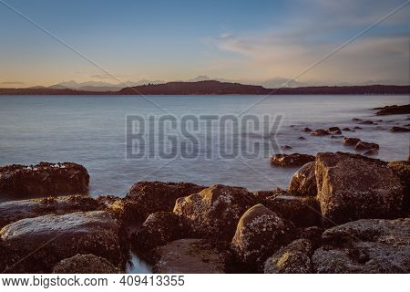 Seattle Sunset Landscape Seascape With Olympics From West Seattle