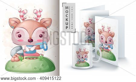 Deer With Showel - Poster And Merchandising. Vector Eps 10