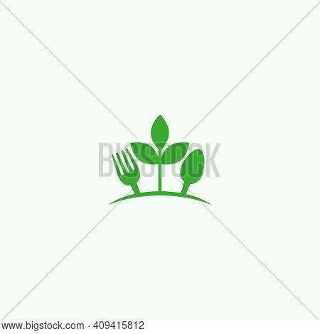 Vector Leaf And Spoon, Fork For Organic Food Icon, Symbol Or Logo. Natural Restaurant Logo. Symbol O