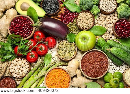 Different Vegetables, Seeds And Fruits As Background, Closeup. Healthy Diet