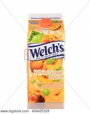 IRVINE, CA - January 05, 2014: A carton of Welchs White Grape Peach Juice. Founded in 1869, by Thomas Bramwell Welch, Welch's is the food processing arm of the National Grape Cooperative Association.