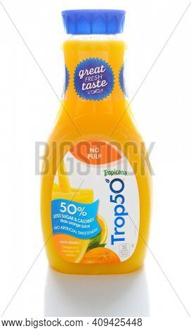 IRVINE, CA - FEBRUARY 7, 2015: A bottle of Trop50. From Tropicana Products, Trop50 is a reduced calorie orange juice with no added sugars and added vitamins.