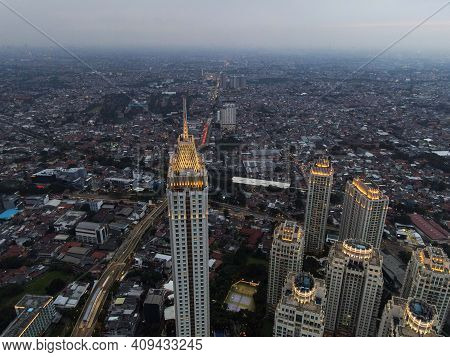 Pakubuwono Skyline Aerial Drone View From Above, Jakarta Downtown Skyscrapers Cityscape And Noise Cl