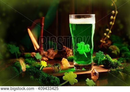 St. Patrick's Day Green Beer Pint Over Wooden Background, With Shamrock Leaves, Harp. Patrick Day Pu