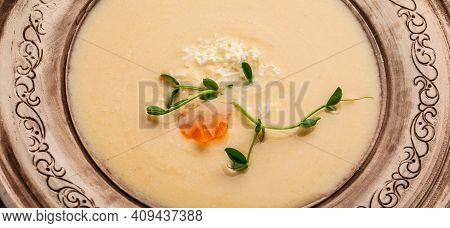 Traditional Recipe Of Du Barry Soup Cauliflower In Bowl On Wooden Background, Space For Text. Top Vi