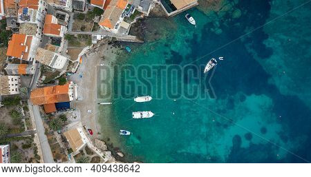 Aerial Overhead Drone View Of Yachts Near Gusarica Beach In Komiza On Vis Island In Coratia Before S