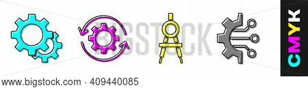 Set Gear, Gear And Arrows As Workflow, Drawing Compass And Algorithm Icon. Vector