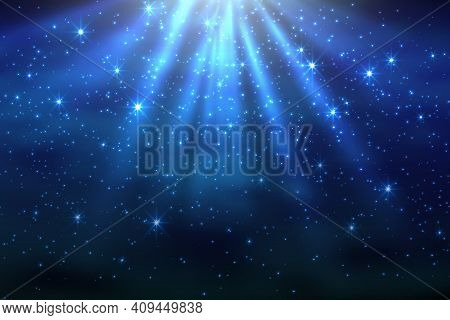 Cosmic Space Dark Sky Background With Blue Bright Shining Stars Nebula At Night