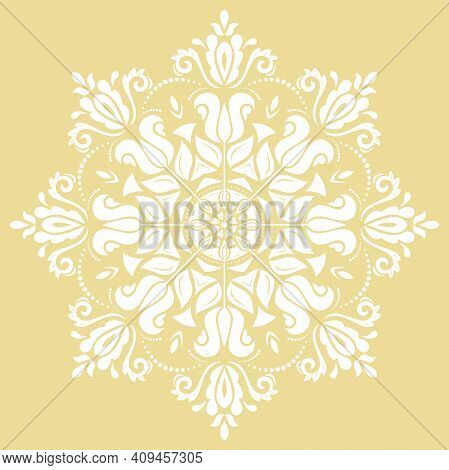 Oriental Vector Pattern With Arabesques And Floral Elements. Traditional Ound Gyellow And White Clas