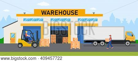 Warehouse Industry With Storage Buildings, Trucks, Forklift And Rack With Boxes. Distribution Logist
