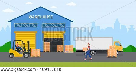 Warehouse Industry With Storage Buildings, Trucks, Forklift And Rack With Boxes. Distribution Logist