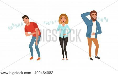 Positive Young Men And Woman Laughing Out Loudly Set, Happy People Bursting With Laughter Cartoon Ve