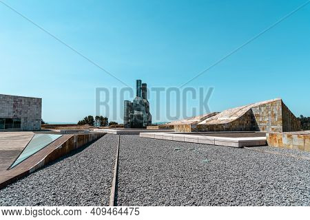 Santiago De Compostela, Spain - July 18, 2020: View Of City Of Culture Of Galicia. Situated On The T