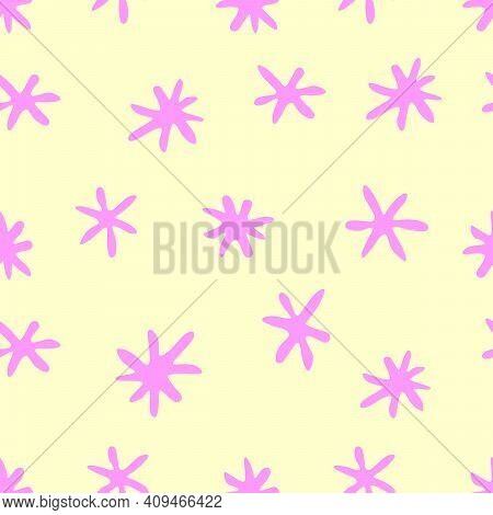 Vector Seamless Pattern From Hand Drawn Primitive Stars, Flowers In Doodle Flat Style. Bright Simple