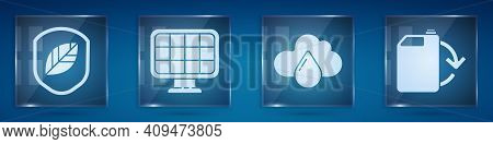 Set Shield With Leaf, Solar Energy Panel, Cloud With Rain And Eco Fuel Canister. Square Glass Panels