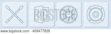 Set Line Drum Sticks, Dial Knob Level Technology Settings, Vinyl Player With A Vinyl Disk And Stereo