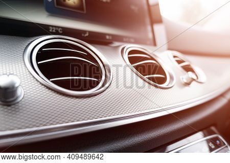 Ac Ventilation Deck In Luxury Modern Car Interior. Modern Car Black Leather Interior. Natural Wood P