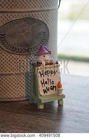 Table Sign Happy Hallo Ween On Wooden Floor, Holiday, Object,copy Space