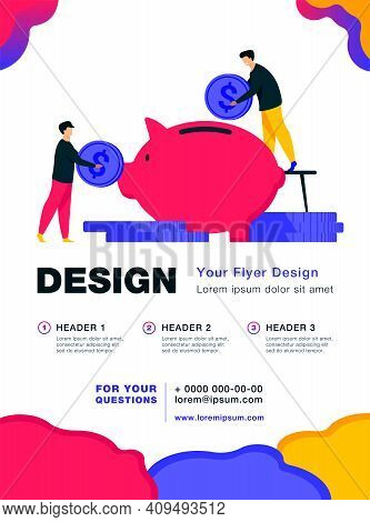 Two Investors Putting Coins In Piggybank. Bank, Money, Income Flat Vector Illustration. Finance And 