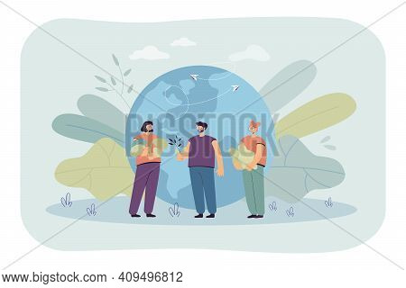 Tiny People Standing Near Earth Globe Flat Vector Illustration. Cartoon Man And Women Near Planet Ho