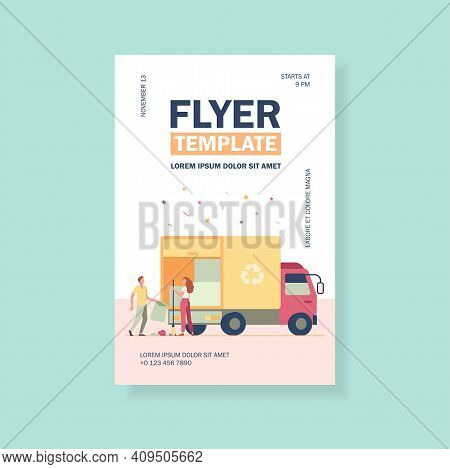 People Loading Garbage Into Truck. Trash Pickup With Recycling Sign Flat Vector Illustration. Garbag