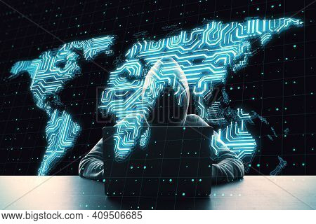 Hacker Attack Concept With Noface Hacker Working On Laptop And Digital Glowing World Microchip Map A