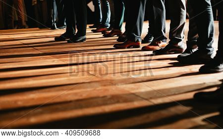 Guests At Modern Wedding, Men Say Toast And Congratulate Of Newlyweds With Marriage. Legs Of Males I