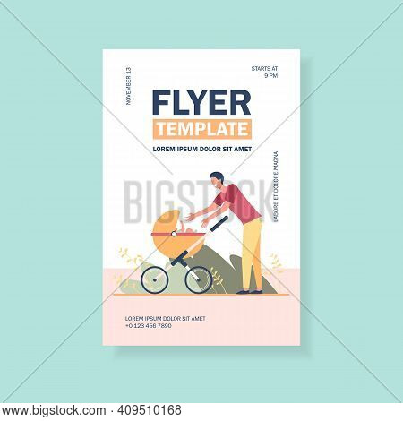 Happy New Father Walking With Baby. Man Reaching Arms To Stroller With Kid Flat Vector Illustration.